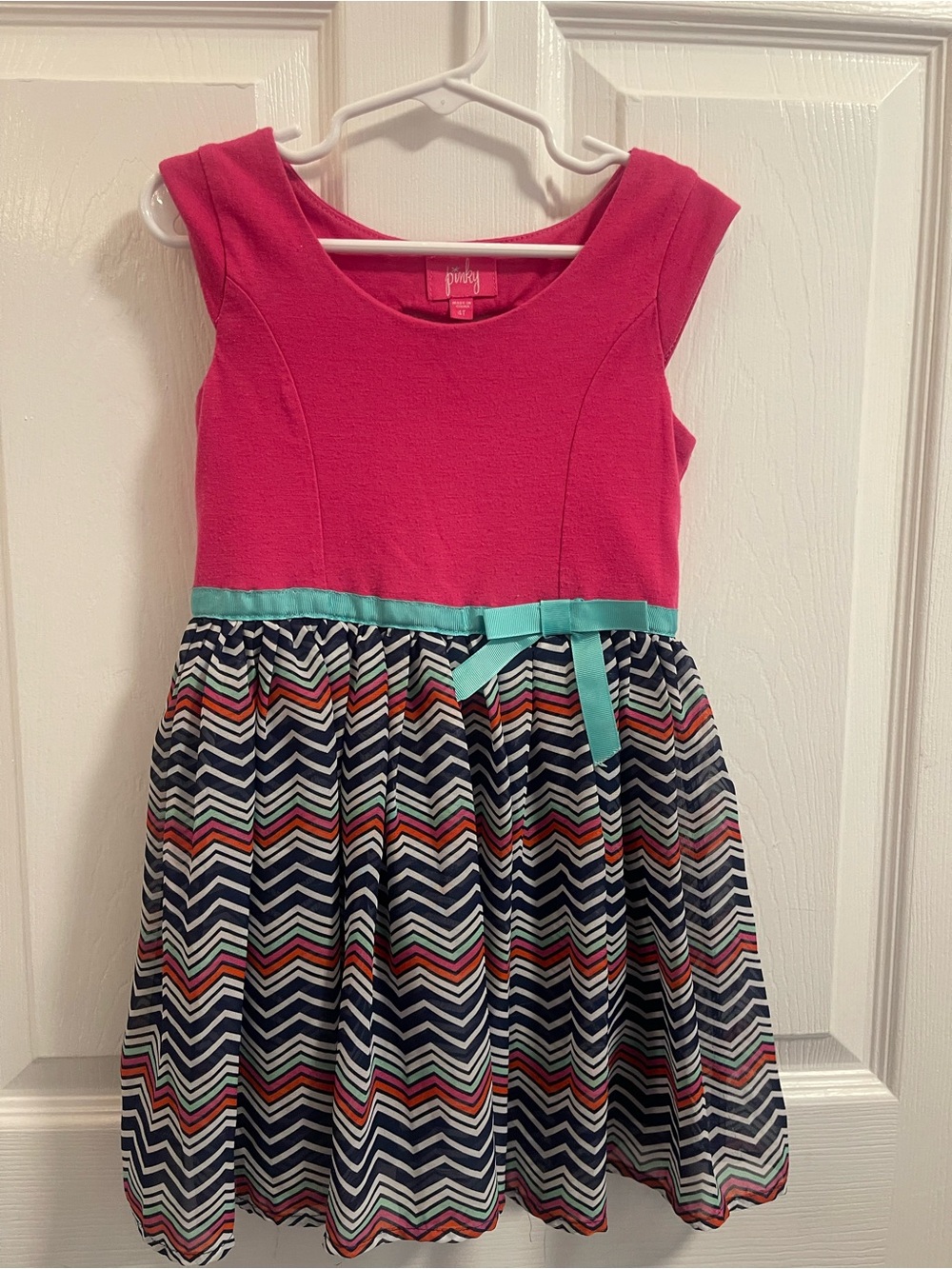 Pinky Fuchsia Bodice Chevron Skirt Dress with Teal Bow